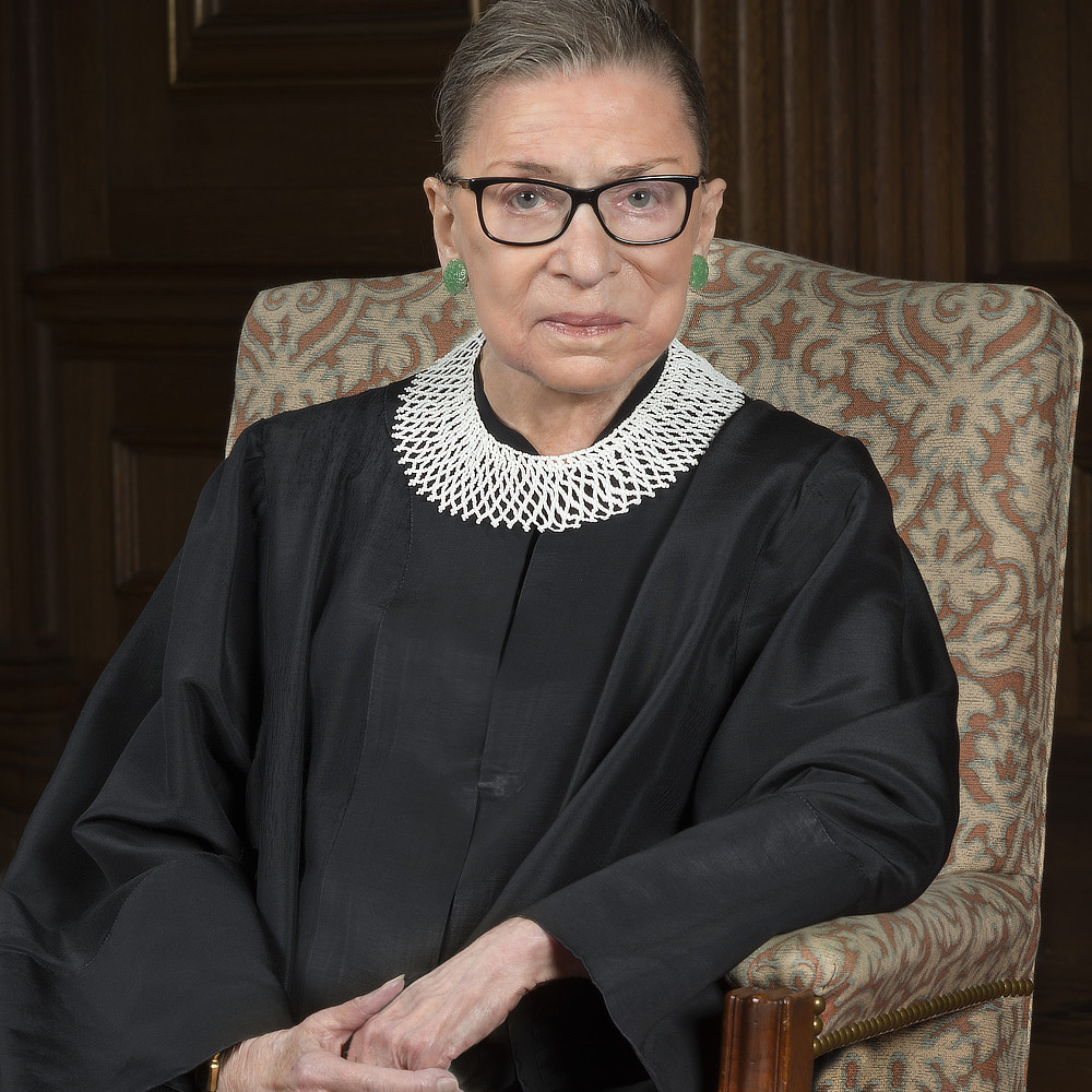 Portrait of Supreme Court Justice Ruth Bader Ginsburg in court attire.