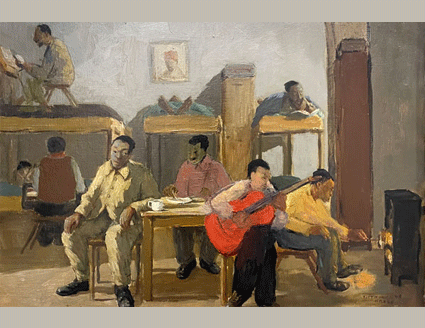 Painting by Josef Nassy of the Tittmoning camp in Nazi Germany, where he was interned, 1943. US Holocaust Memorial Museum, gift of the Severin Wunderman family; Photography by Sarah Phillips Casteel